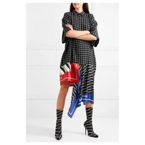 Black Grid Short Sleeve Dress with Red and Blue Scarf Detail